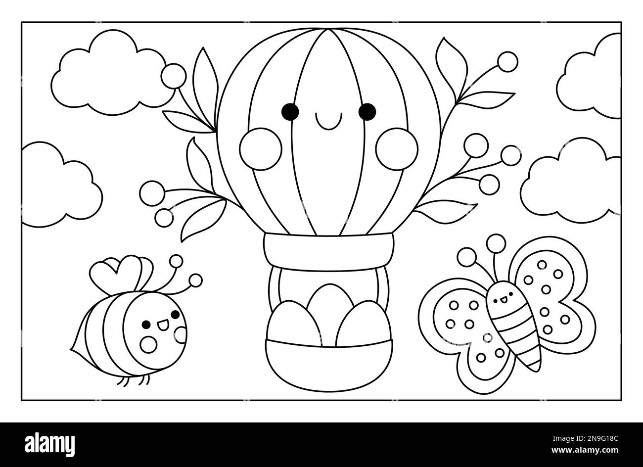 Vector schwarz-weiße Kawaii Osterszene mit Heißluftballon und Eiern am Himmel. Zeichentrickfilme für den Frühling. Niedliche Landschaft oder Ausmalseite f Stock Vektor