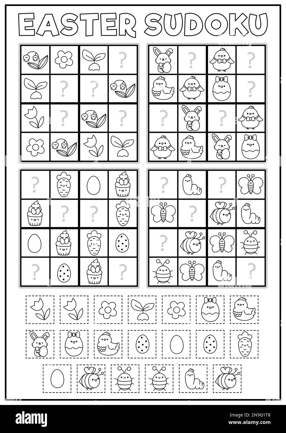 Vector Schwarz-Weiß-Kawaii-Ostersudoku-Puzzle für Kinder. Einfaches Quiz zum Frühjahrsfest mit Schneide- und Kleberelementen. Gartenlinie Aktivität oder Ausmalen p Stock Vektor