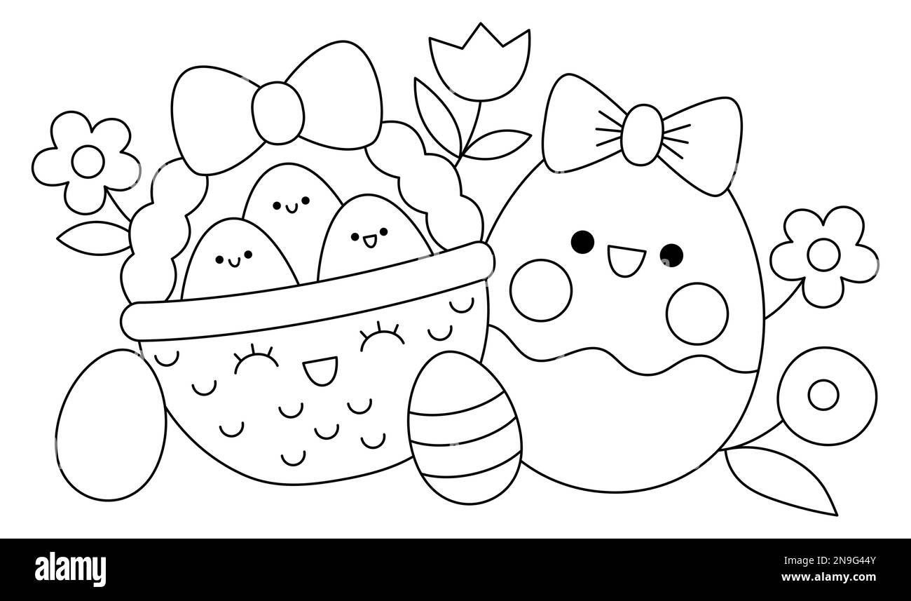 Vector Schwarzweiß Ostern horizontale Szene mit lächelndem Ei und Korb. Süße Kawaii-Weihnachtskomposition. Die Frühlings-Zeichentrickfigur. Weihnachtsfarben-pag Stock Vektor