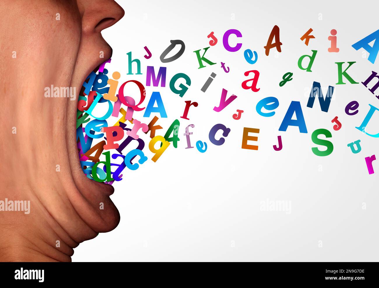 Grammer und Phonik oder Lernen von Sprache und gesprochenem Wort und autistisches Spektrum oder Dyslexie-Syndrom-Konzept als offener menschlicher Mund aus Alphabet Stockfoto