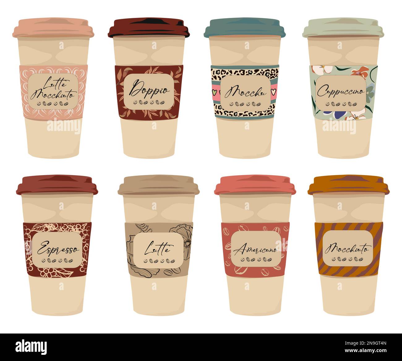 Set aus verschiedenen Kaffeetassen zum Mitnehmen – Espresso, Cappuccino, americano, Latte. Stock Vektor