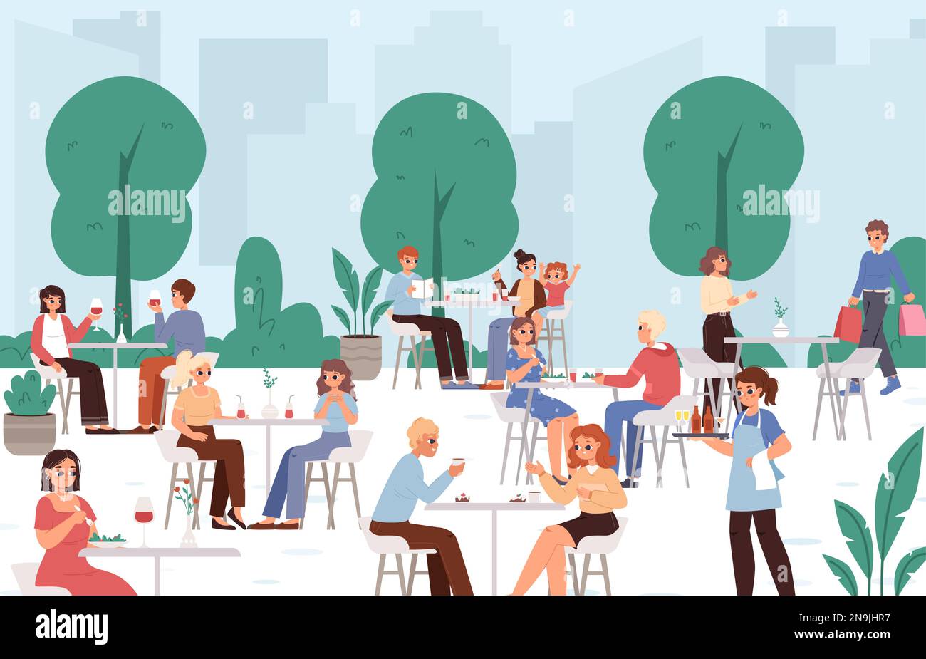 Beliebtes Sommercafé im Freien. Junge Erwachsene, Paare und Teenager, Familie sitzt im Restaurant, isst und trinkt. Kellner bei der Arbeit, Leute beim Einkaufen Stock Vektor
