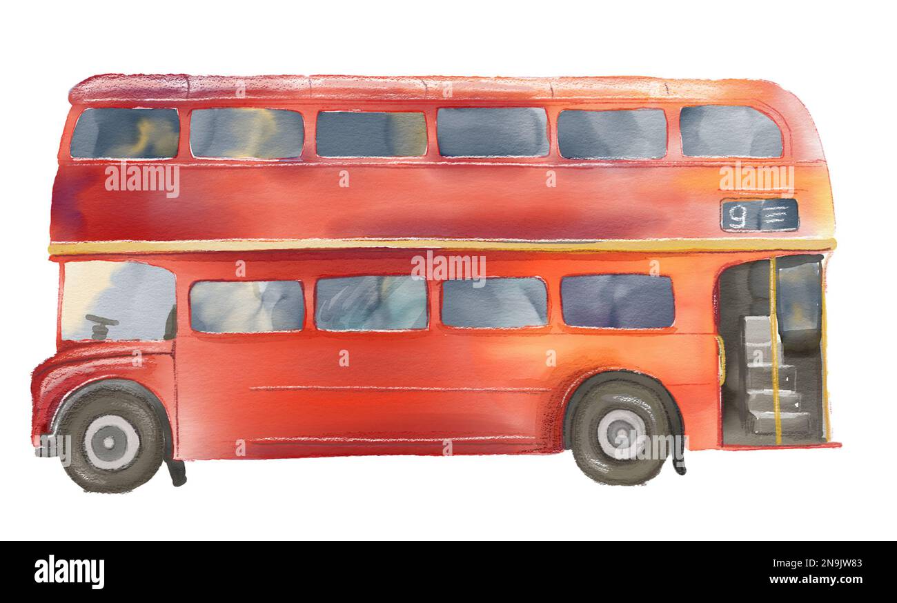 Roter Bus in London City Aquarell Element Stockfoto