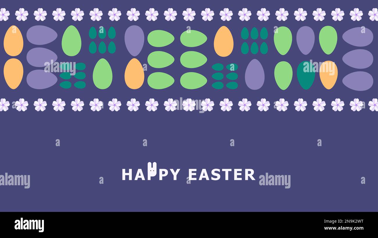 Happy easter Spring geometrische Mosaikkarte mit Kaninchen, Eiern und Blumen. Fröhliche Jagd. Stock Vektor