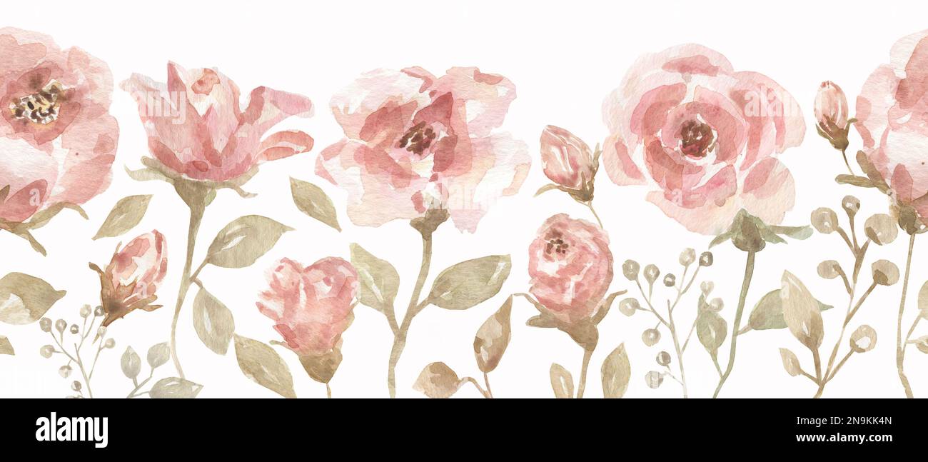 Aquarelle Korallenblüten und hinterlässt nahtlose Ränder. Reproduzierbare Pfingstrose und hinterlässt einen Strauß in neutralen Farben. Botanisches Naturdesign. Bohemian s Stockfoto