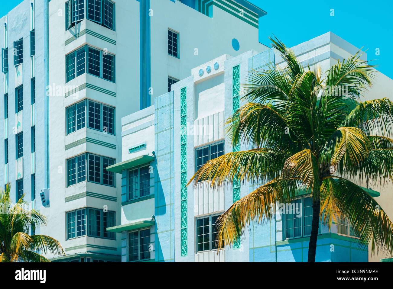 Details der Art déco-Gebäude am Ocean Drive in Miami South Beach, Florida, USA. Die meisten Art déco-Gebäude stammen aus den 1930er Jahren. Stockfoto