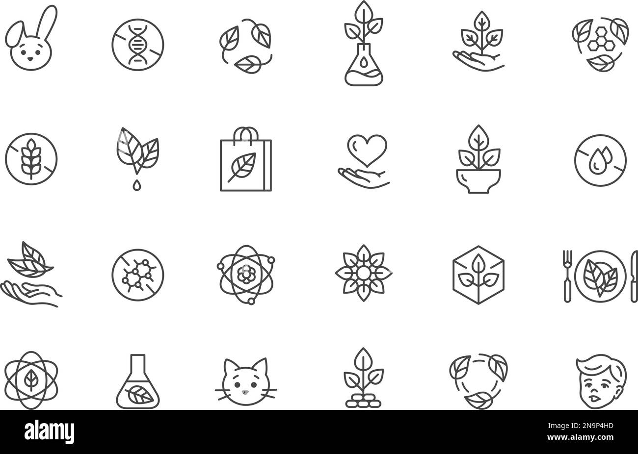 Eco Icons Kollektion. Kein Gluten, kindersicher, keine Anzeichen für getestete Tiere. Markierungen für Lebensmittel, Kleidung, Kunststoff, Spielzeug, Küchenwerkzeuge und Kosmetika. Frisch Stock Vektor