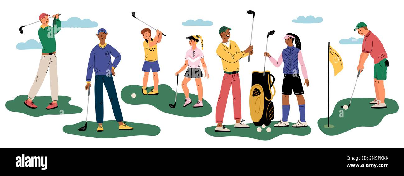 Die Figuren der Golfspieler. Cartoon-Golfer, Leute mit Clubs und Bällen. Profisportler und Amateure. Riefen in Loch mit Flagge. Sportler posieren Stock Vektor