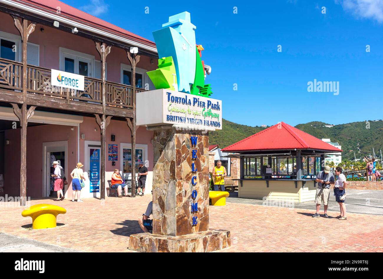 Tortola Pier Park Eingangsschild, Road Town, Tortola, Britische Jungferninseln (BVI), kleine Antillen, Karibik Stockfoto