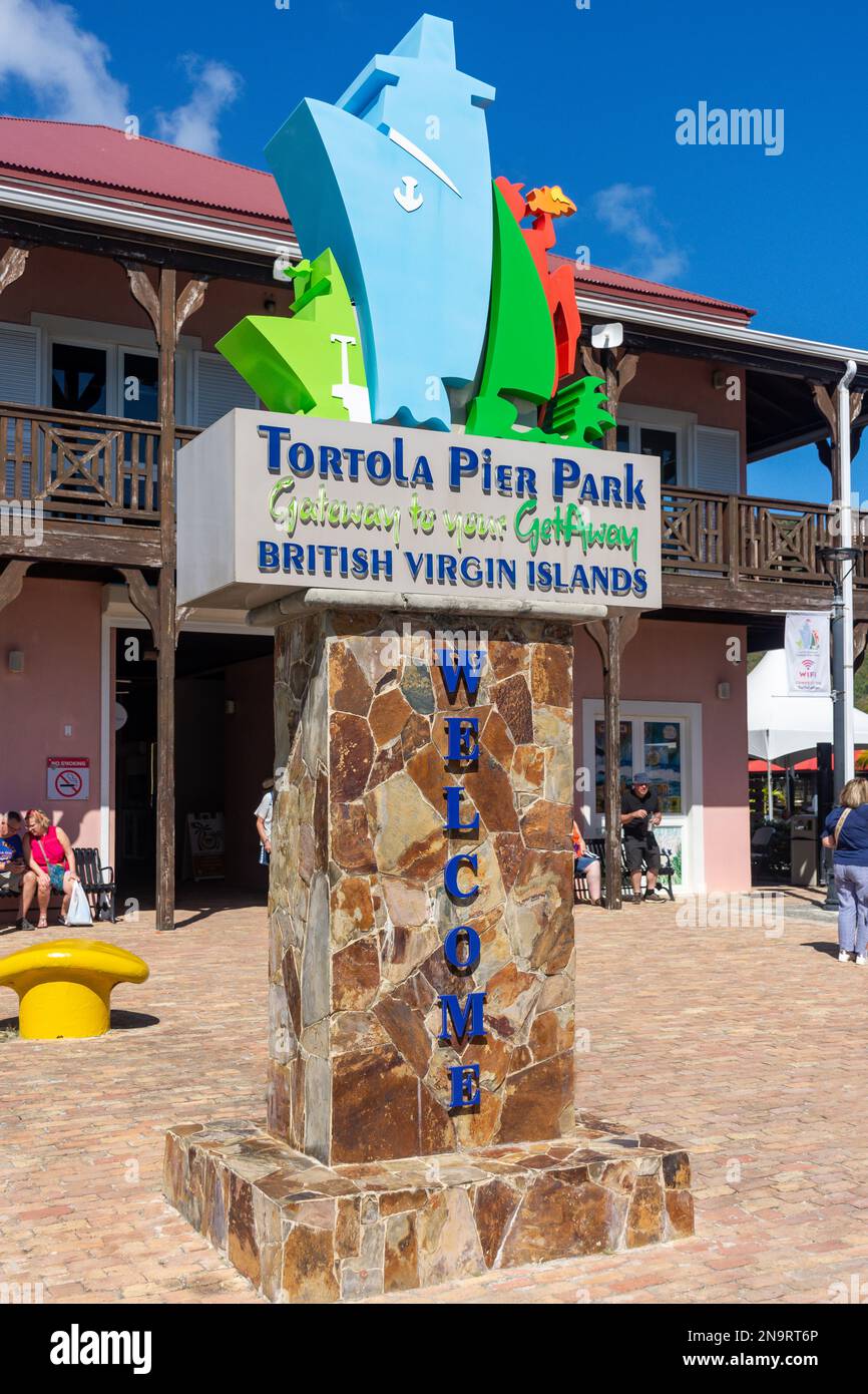 Tortola Pier Park Eingangsschild, Road Town, Tortola, Britische Jungferninseln (BVI), kleine Antillen, Karibik Stockfoto