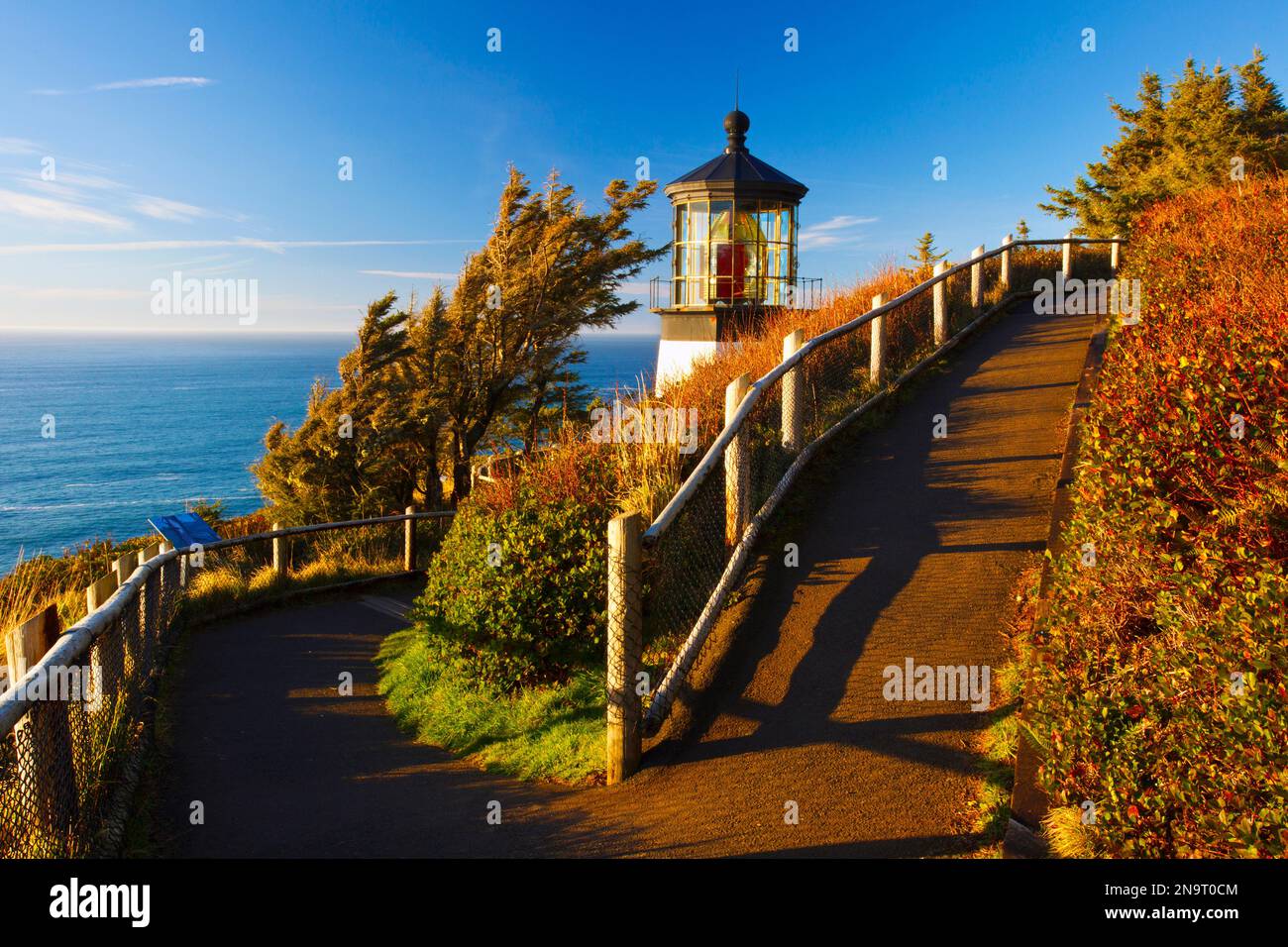 Cape Meares Light an der Küste Oregons bei Sonnenuntergang; Oregon, Vereinigte Staaten von Amerika Stockfoto