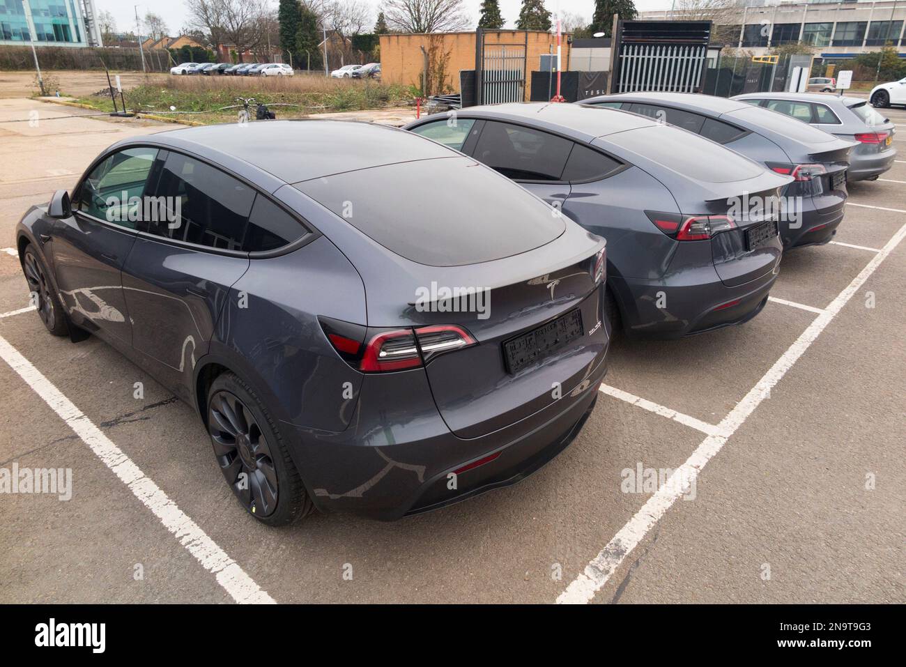 Elektrofahrzeuge von Tesla warten an einer Abholstelle und warten auf Kunden aus Großbritannien/Abholung eines neuen Tesla Fahrzeugs; Fahrzeuge, die von Tesla Inc. Hergestellt und betrieben werden Großer Parkplatz in Staines on Thames, Middlesex. UK. (133) Stockfoto