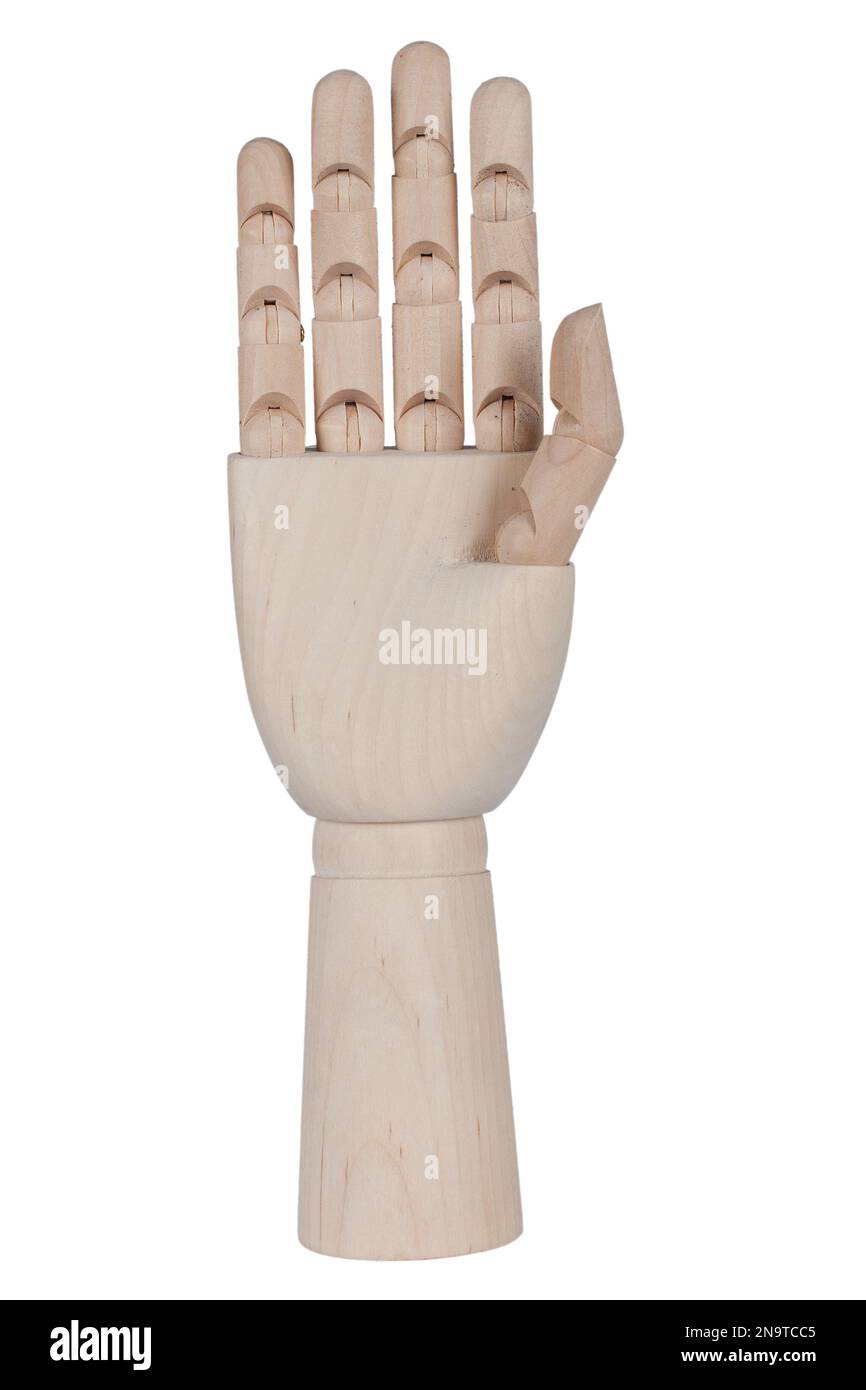 Künstliche Hand aus Holz. Isoliert auf weißem Hintergrund. Stockfoto