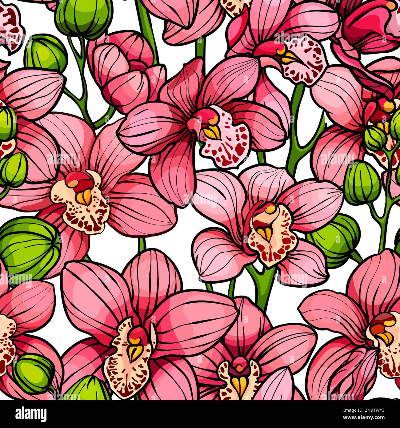 Rosa Orchideen, nahtloses Vektormuster. Handgezeichnete Illustration Stockfoto