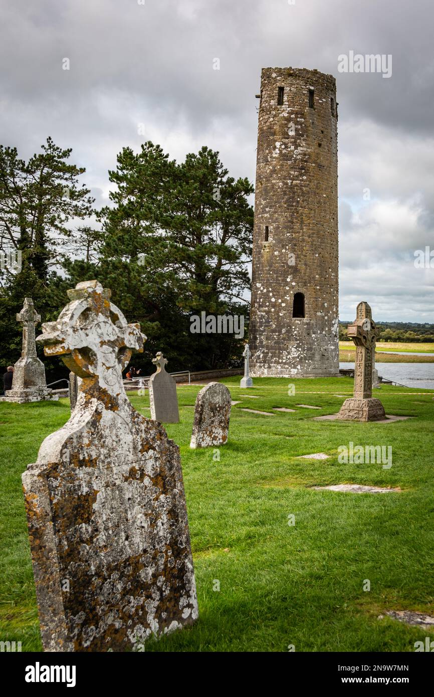 O'Rourke's Tower, Clonmacnoise, County Longford, Irland Stockfoto