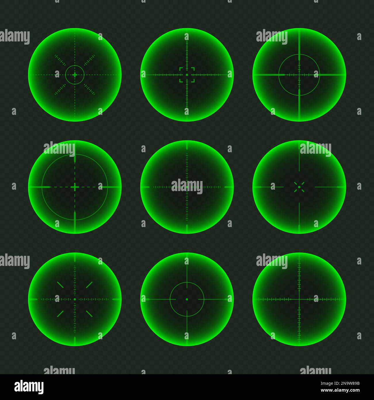 Verschiedene Waffen Nachtsicht, Scharfschützengewehr optische Scopes. Jagdgewehr-Sucher mit Fadenkreuz. Ziel, schießen Marke Symbol. Militärisches Zielschild Stock Vektor