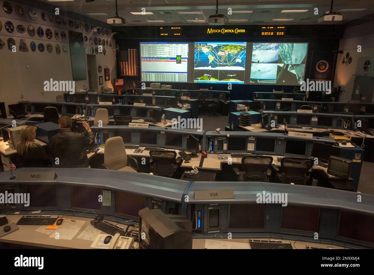 Missionskontrolle im Johnson Space Center in Houston, Texas, USA; Webster, Texas, Vereinigte Staaten von Amerika Stockfoto