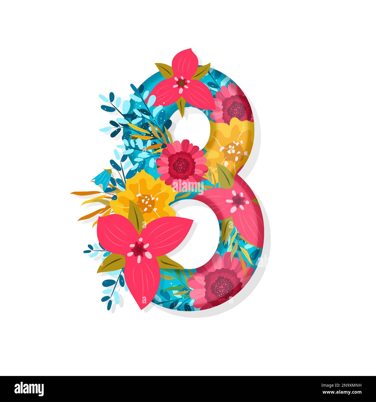 Grüß die vereinzelte Nummer acht mit Frühlingsblumen. Frauentag. Stock Vektor