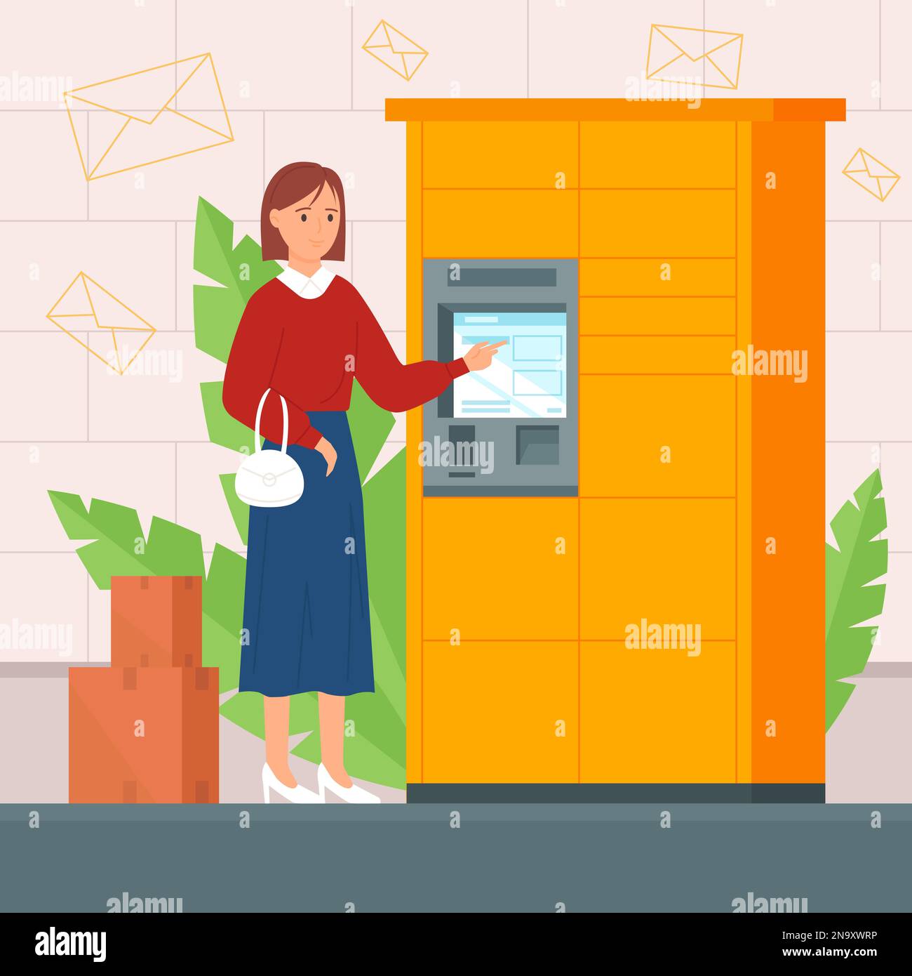 Selbstbedienung in der Postfiliale. Cartoon Woman, die packstation in einem  automatischen Schließfach mit Display verwendet, um Pakete in Papierkartons  zu empfangen oder zu versenden, sowie die Lieferung und Lagerung von  Paketen in