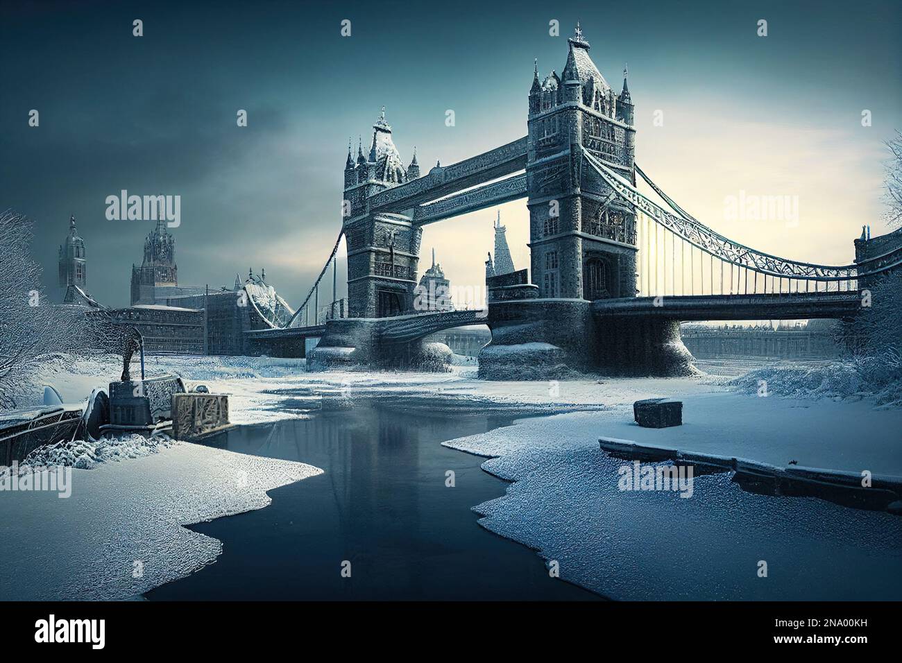 Frozen London im Winter, Schnee und Eis aufgrund von Energiekrise, generative KI. Kälte in Großbritannien und Europa, teures Gas und Strom in der EU. Das Konzept des Sanc Stockfoto