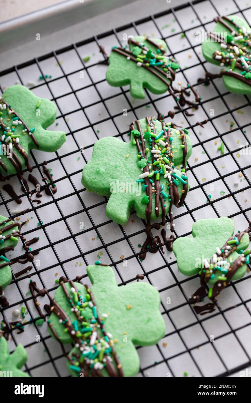 Shamrock-Kekse mit Schokoladenglasur und Streusel für den St. Patricks-Tag auf einem Kühlregal Stockfoto