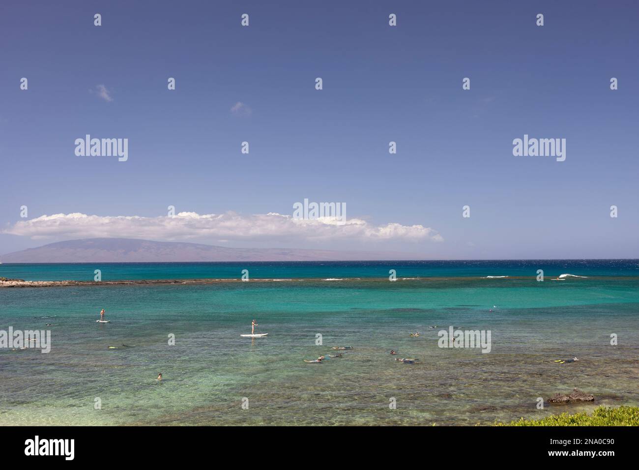 Schwimmen und Stehpaddeln vor Kapalua Beach, Maui, Hawaii, USA; Maui, Hawaii, Vereinigte Staaten von Amerika Stockfoto