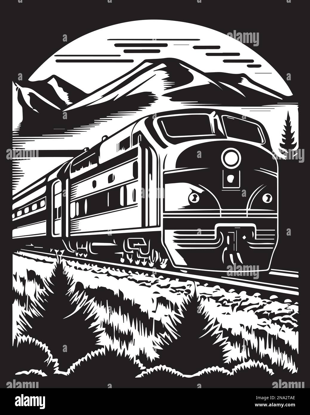 Dampflokomotive in den Bergen Linocut-Vektor-Illustration digitale Kunst Stock Vektor Dampflokomotive in den Bergen Linocut-Vektor-Illustration digitale Kunst Stock Vektor