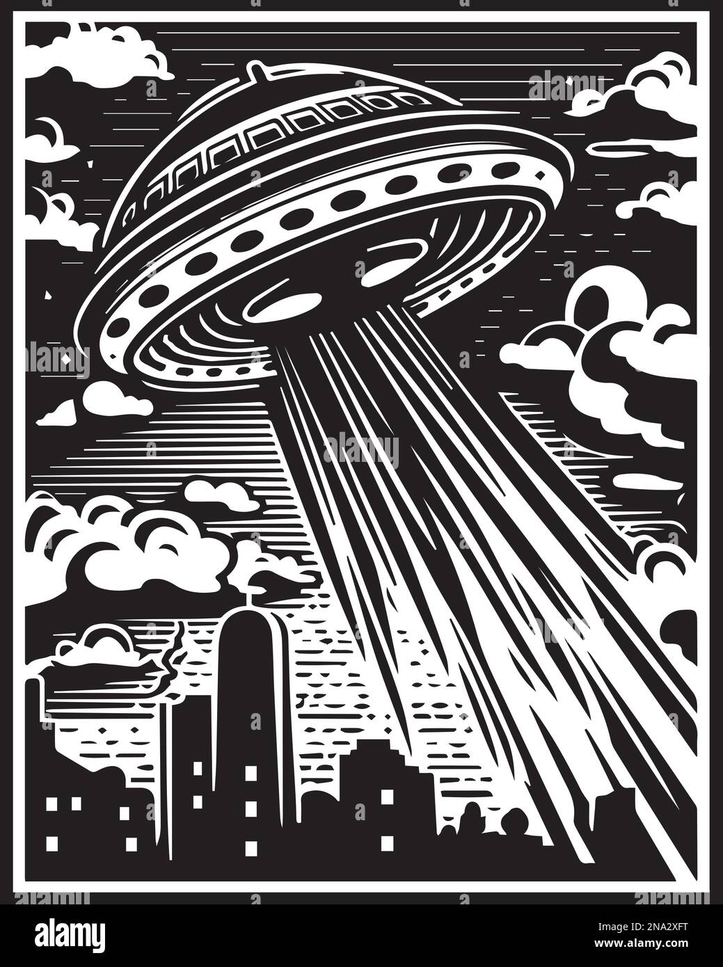 UFO fliegt über den Bergen und färbt die Seite oder den Bilderrahmen Stock Vektor