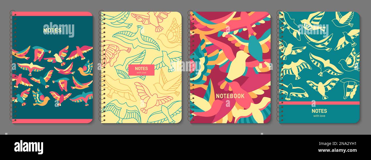 Abstraktes, trendiges Notebook-Cover-Set. Exotisches Taubendesign für Planer, Broschüre, Buch, Katalog. Notizblock mit Spatz-linearem Ornament. Dekoratives Fowl Layout Seite Vorlage drucken Poster Illustration Stock Vektor