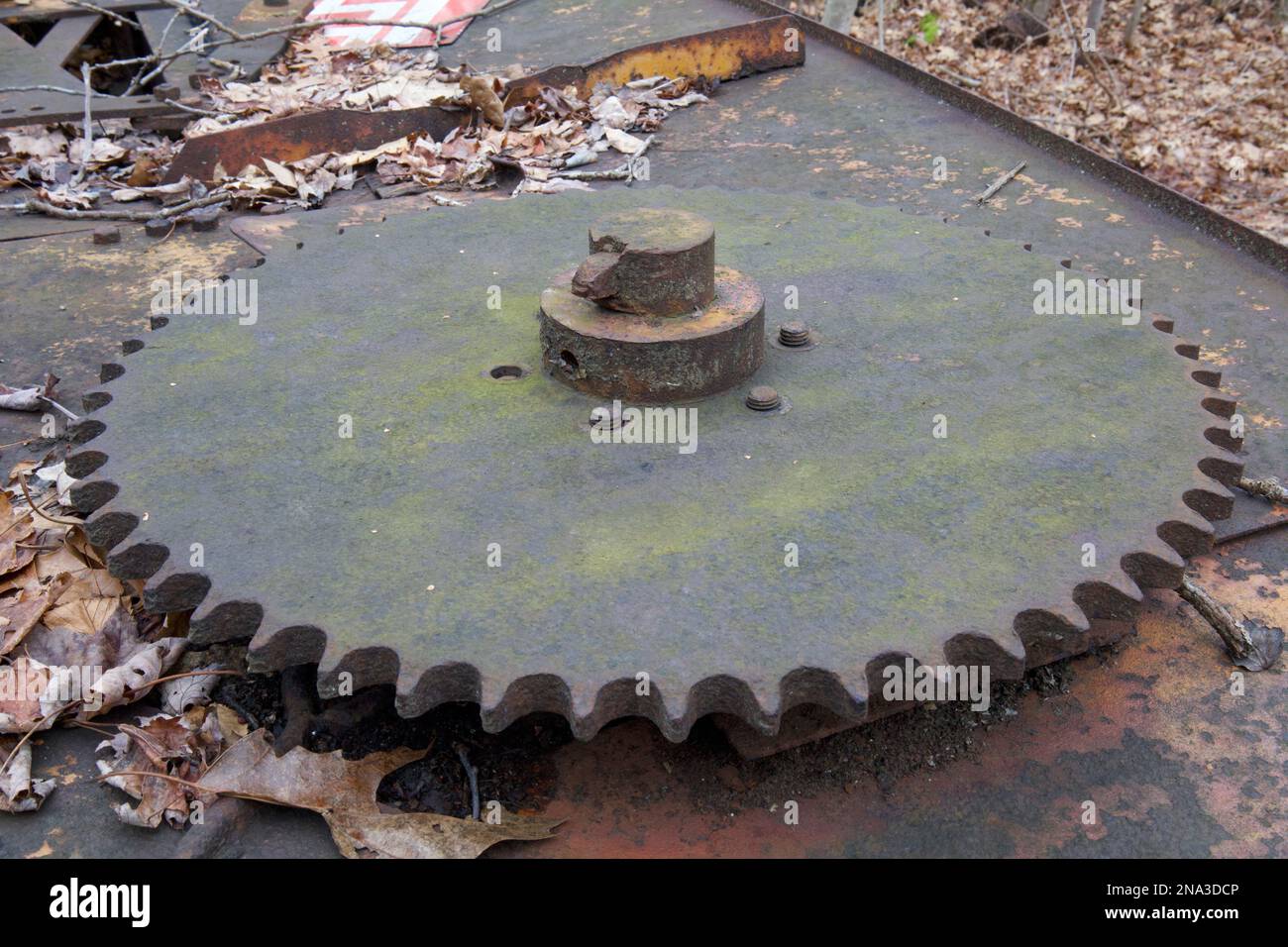Ausrüstung wurde auf rostigen Maschinen in den Wäldern von New England gefunden. Getrocknete Blätter auf und um die rostigen Geräte. Zahnrad nach unten. Stockfoto