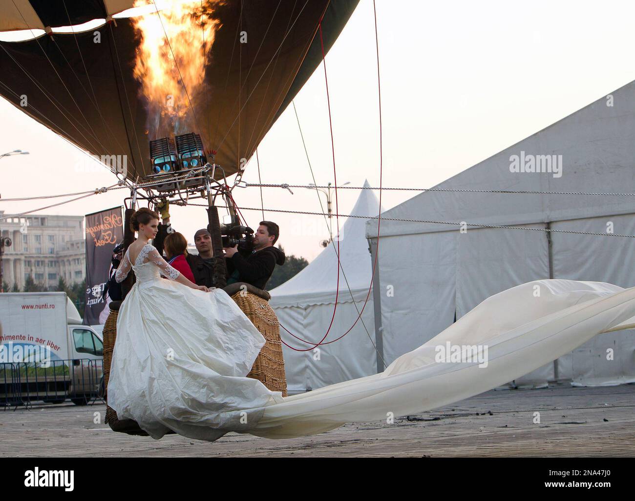 Emma Dumitrescu, 17 years old, a model rides in a hot air balloon to show the worlds longest