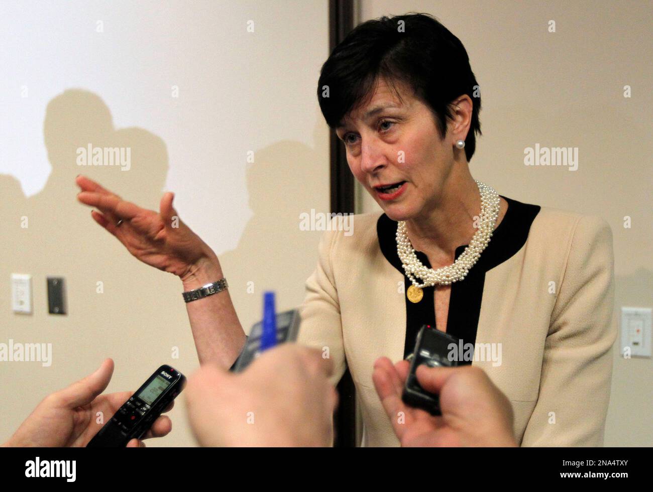 Karen Peetz, Chairman of the Penn State Board of Trustees, speaks with