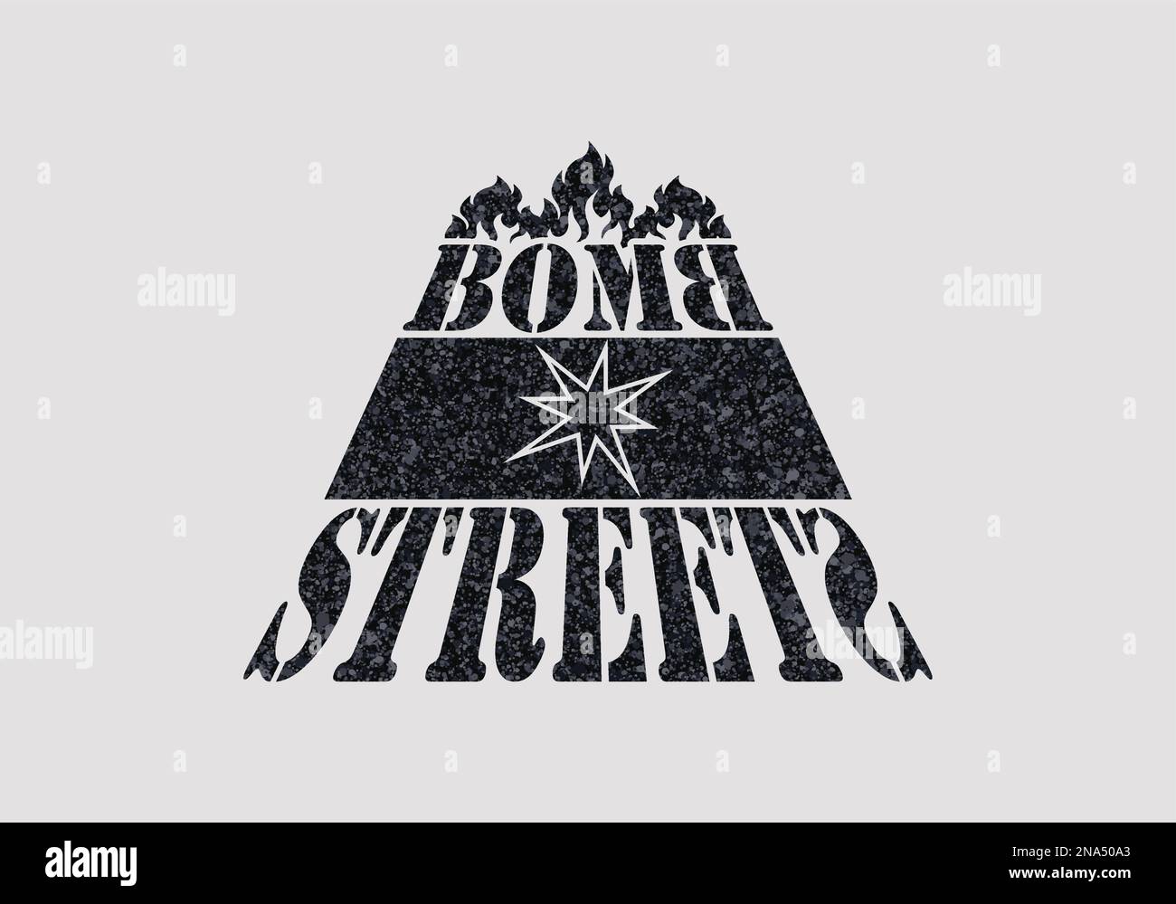 „Bombe Streets“-Schriftzug mit einem Symbol für Feuer und Bomben. Stock Vektor