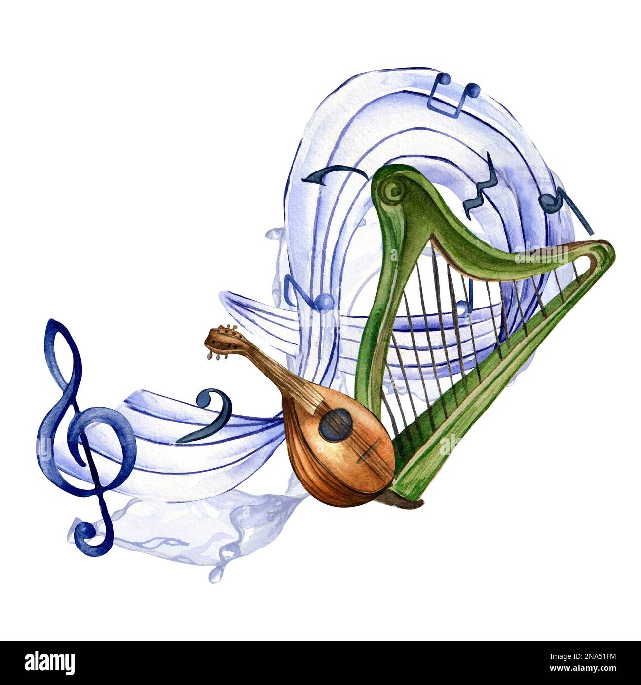 Höhenknoten, Noten und Mandolin-Aquarell-Illustration auf Weiß. Streichinstrumente, Harfenhandzeichnung. Design für Party Flyer, Konzert Stockfoto