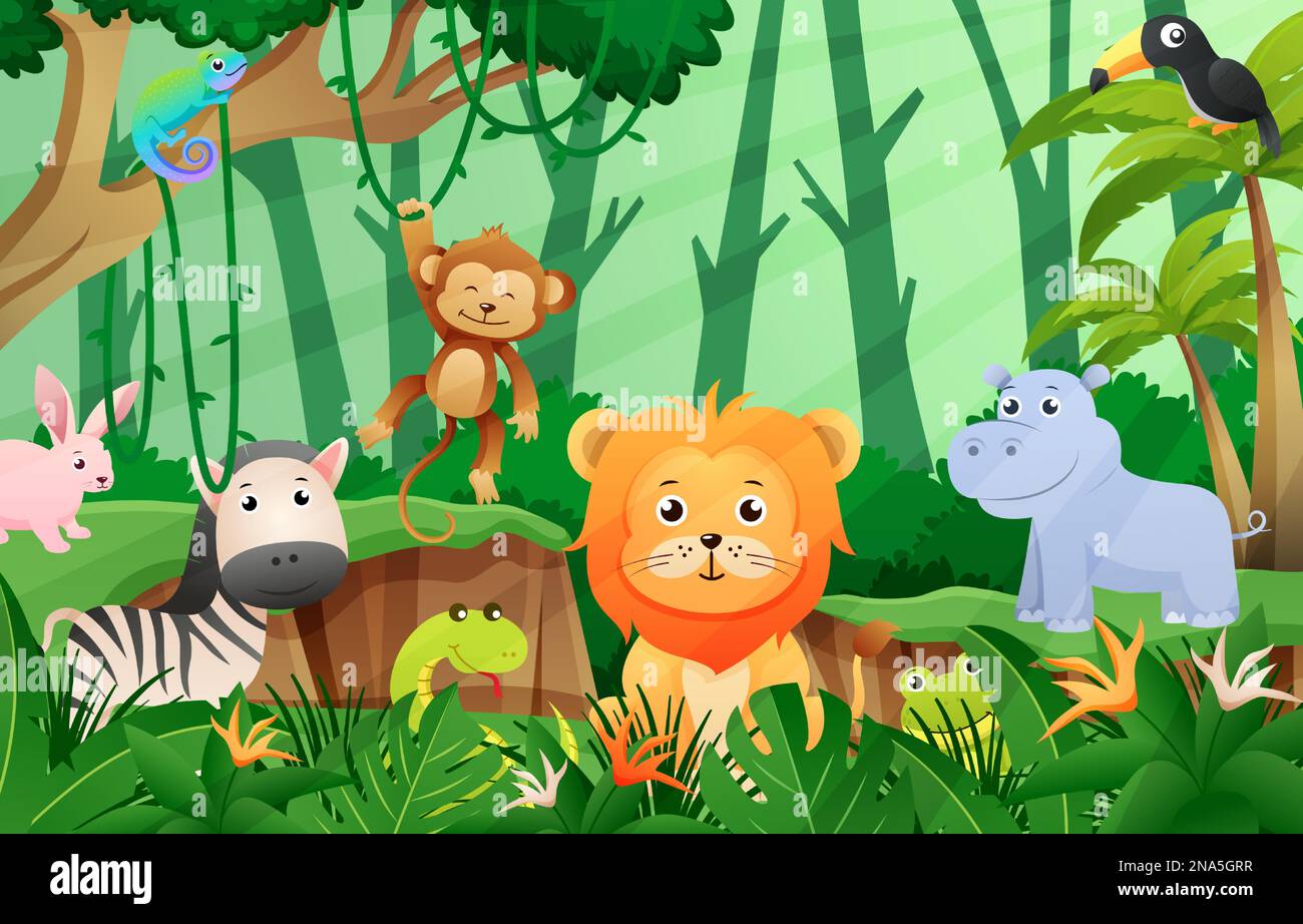 Wildtiere in Dschungelszene. Kinderstil. Vector . Stock Vektor