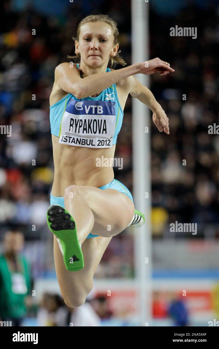 Kazakhstan's Olga Rypakova makes an attempt in the Women's Triple Jump final during the World Indoor Athletics Championships in Istanbul, Turkey, Saturday, March 10, 2012. (AP Photo/Matt Dunham) Stockfoto