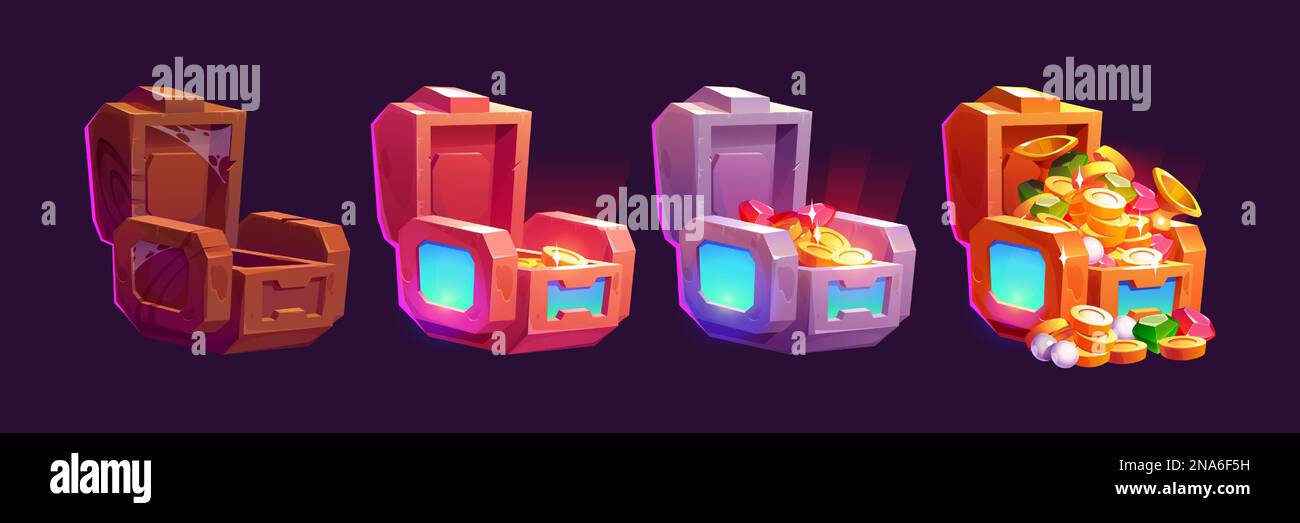 Futuristische Spielsymbole von Spieldosen mit Geld. UI-Elemente mit Zukunftstechnologien, Sci-Fi-Spieleplünderkästen mit Goldmünzen und Edelsteinen, Vektorgrafiken Stock Vektor