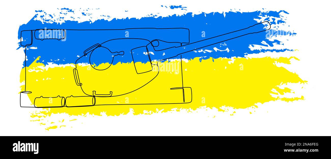 Eine durchgehende Reihe von Panzern oder gepanzerten Fahrzeugen mit Flaggenfarbe im Hintergrund. Vektorkonzept zur Darstellung dünner Linien. Konturzeichnung Creative ide Stock Vektor