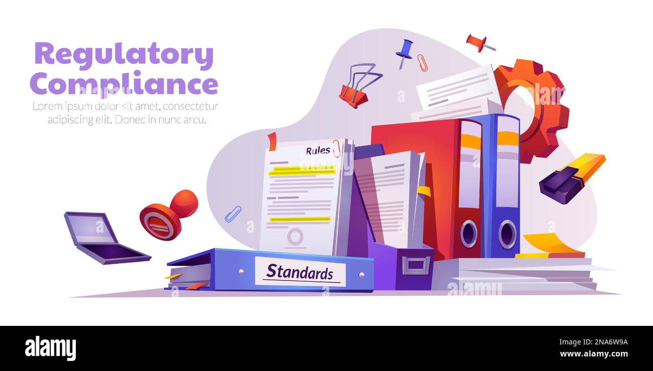 Einhaltung gesetzlicher Vorschriften, Geschäftsrichtlinien und Unternehmensregeln. Banner mit rechtlichen Richtlinien und Standards, Papierdokumenten und -Ordnern, Vektorgrafiken Stock Vektor