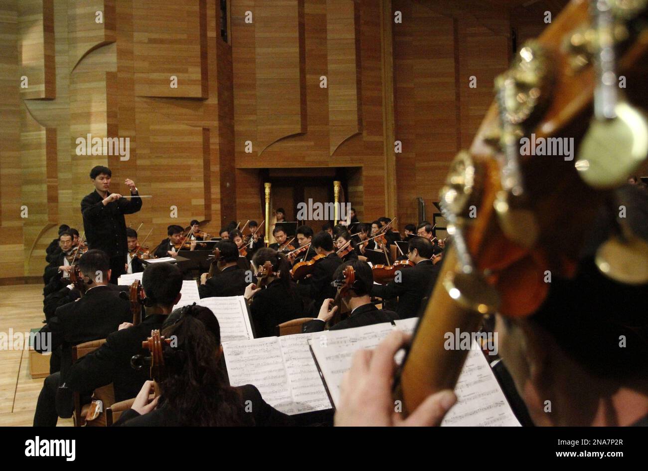Musicians from North Korea's State Symphony Orchestra rehearse at the Moranbong Theater in Pyongyang, North Korea Wednesday Feb. 29, 2012. (AP Photo/Kim Kwang Hyon) Stockfoto