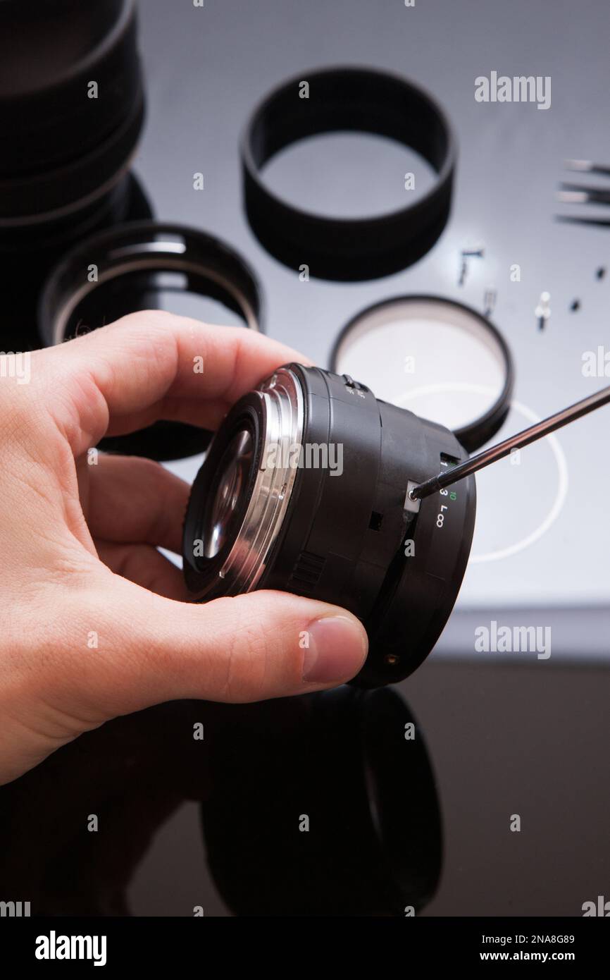 Foto Kamera Objektiv Reparatur-Set. Wartungstechniker Stockfoto