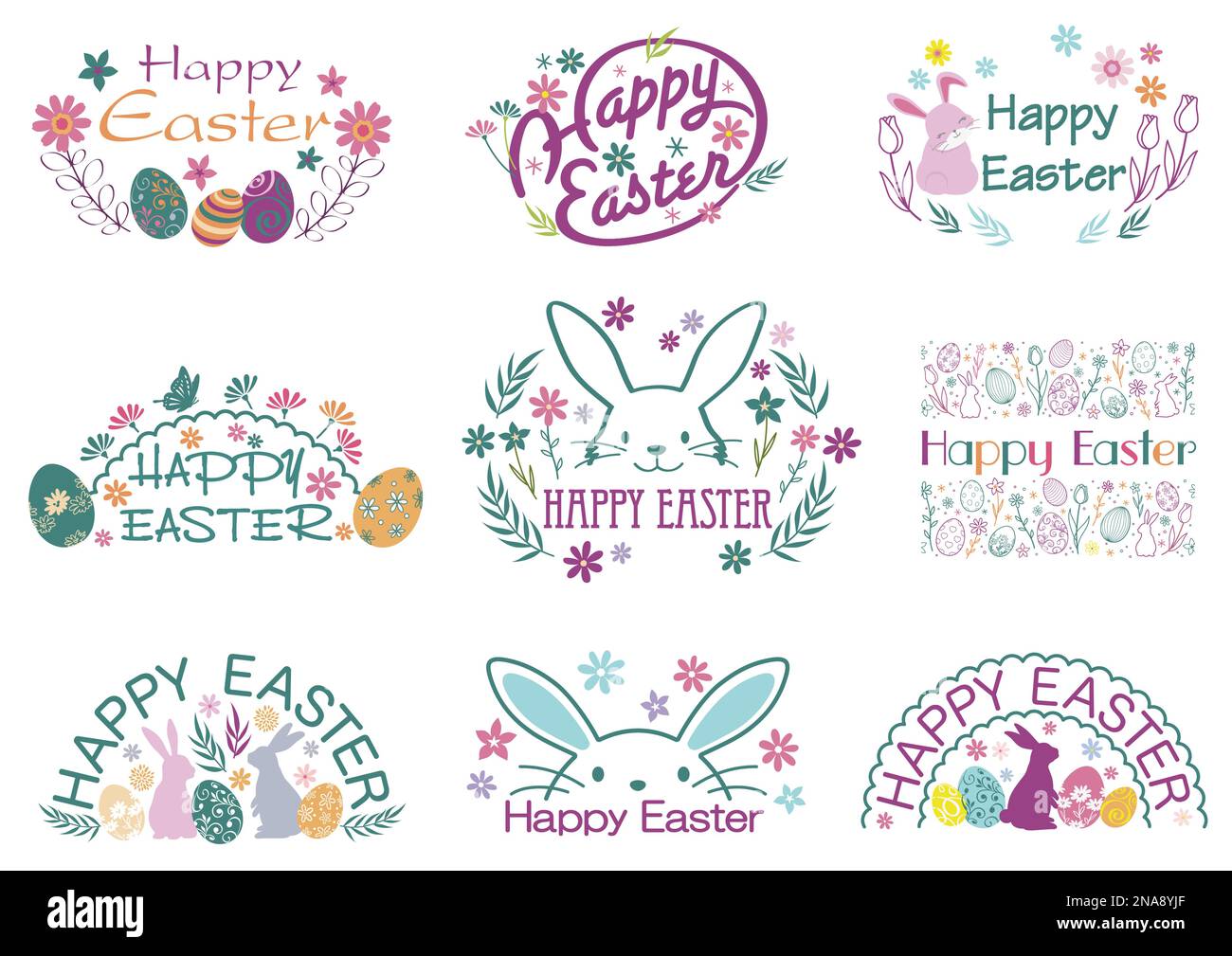 Happy Easter Vector farbenfrohes Symbol Logo mit kartoonischen Osterbunnen, Ostereiern und Blumenelementen isoliert auf weißem Hintergrund. Stock Vektor