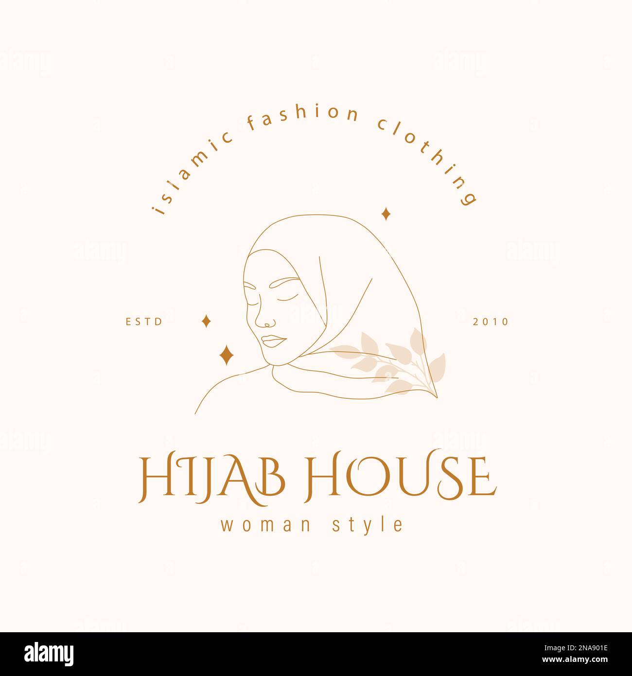 Logo für Hijab-Haus. Logotyp mit muslimischer Frau in linearem Stil. Kopfschmuck- oder Bekleidungsgeschäft. Moderne, handgezeichnete Vektordarstellung Stock Vektor