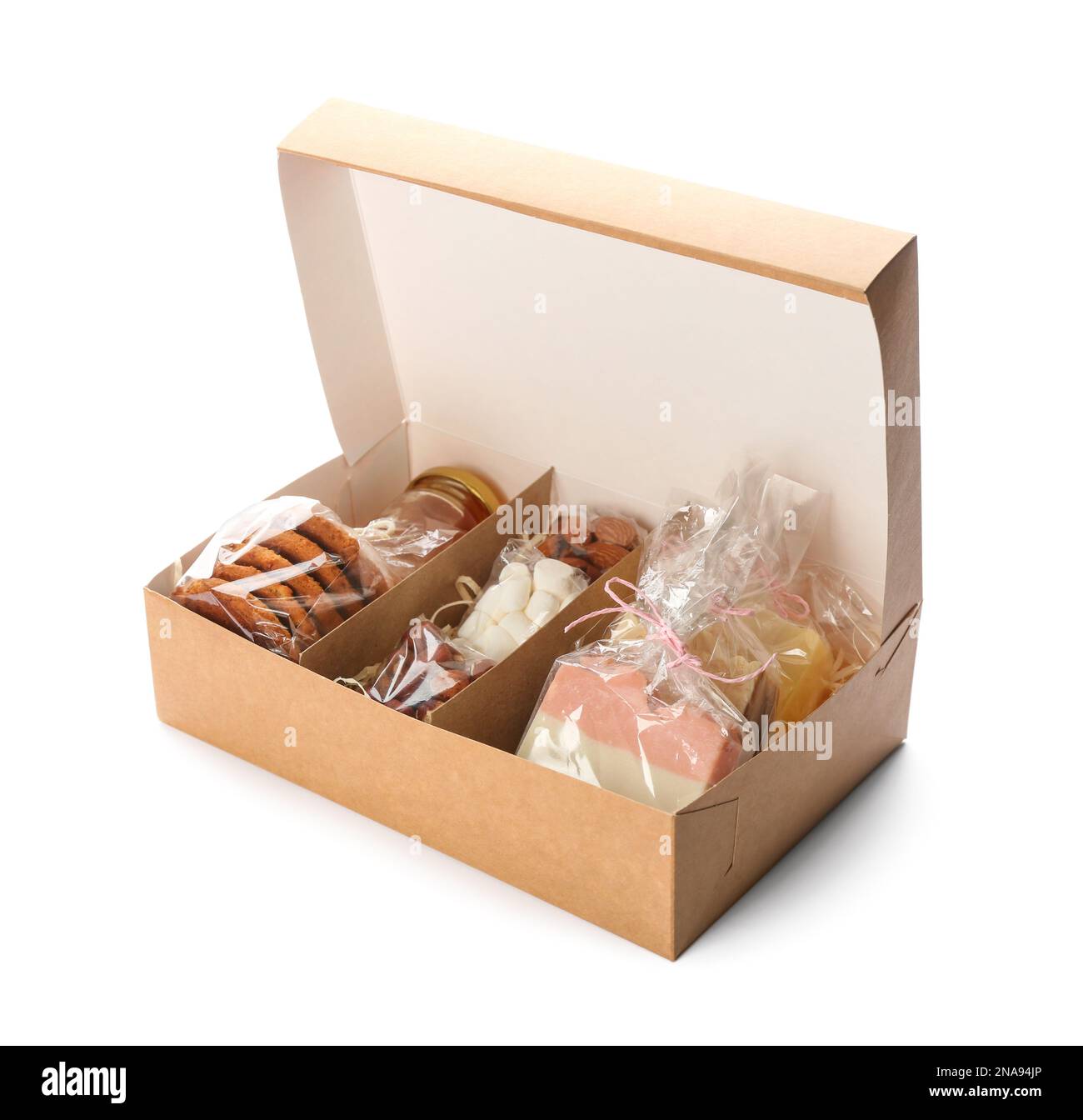 Stilvolles Geschenkset in einer Box isoliert auf Weiß Stockfoto
