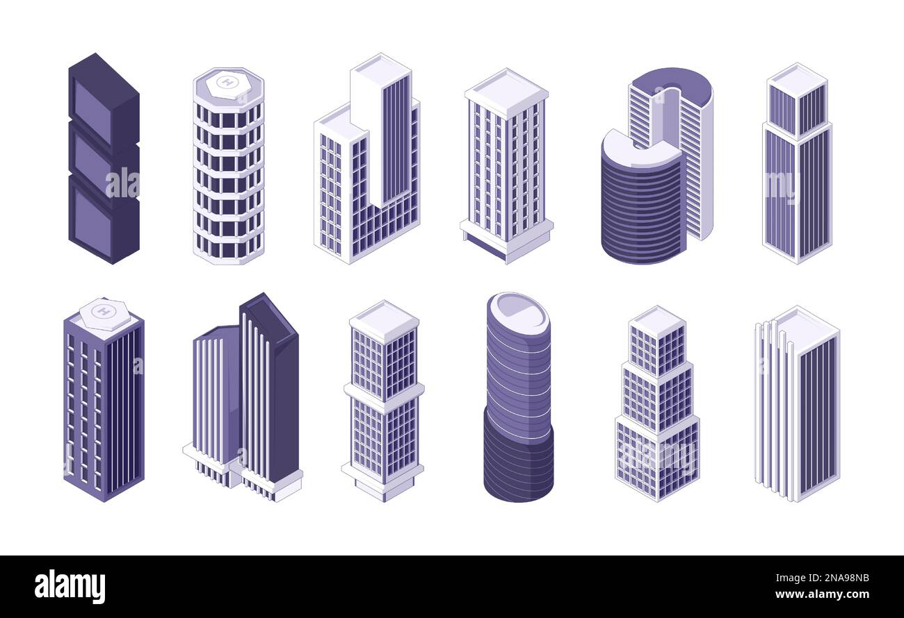 Isometrische Wolkenkratzer. Moderne isometrische Stadthäuser, Wohnwohnungen, Bürogebäude, flache Stadtlandschaft. Vektorsatz. Futuristische Häuser, ein Block von Wohnungen Stock Vektor