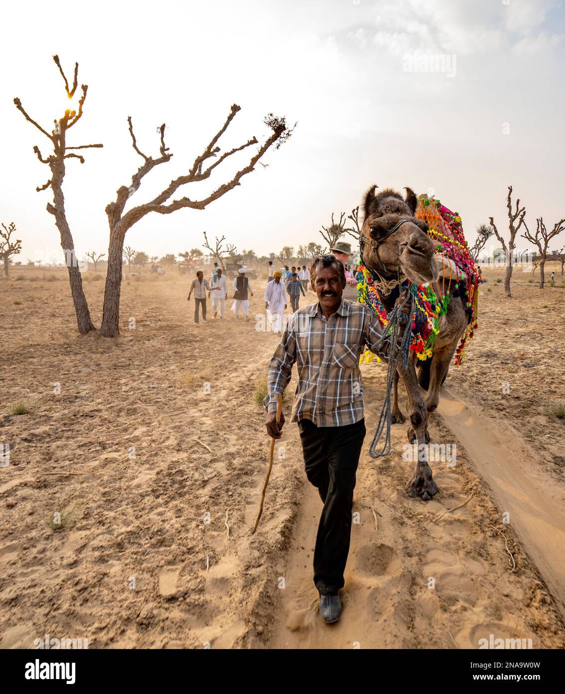 Rajput man und sein Kamel in der Wüste Thar in Rajasthan, Indien; Nagaur, Rajasthan, Indien Stockfoto