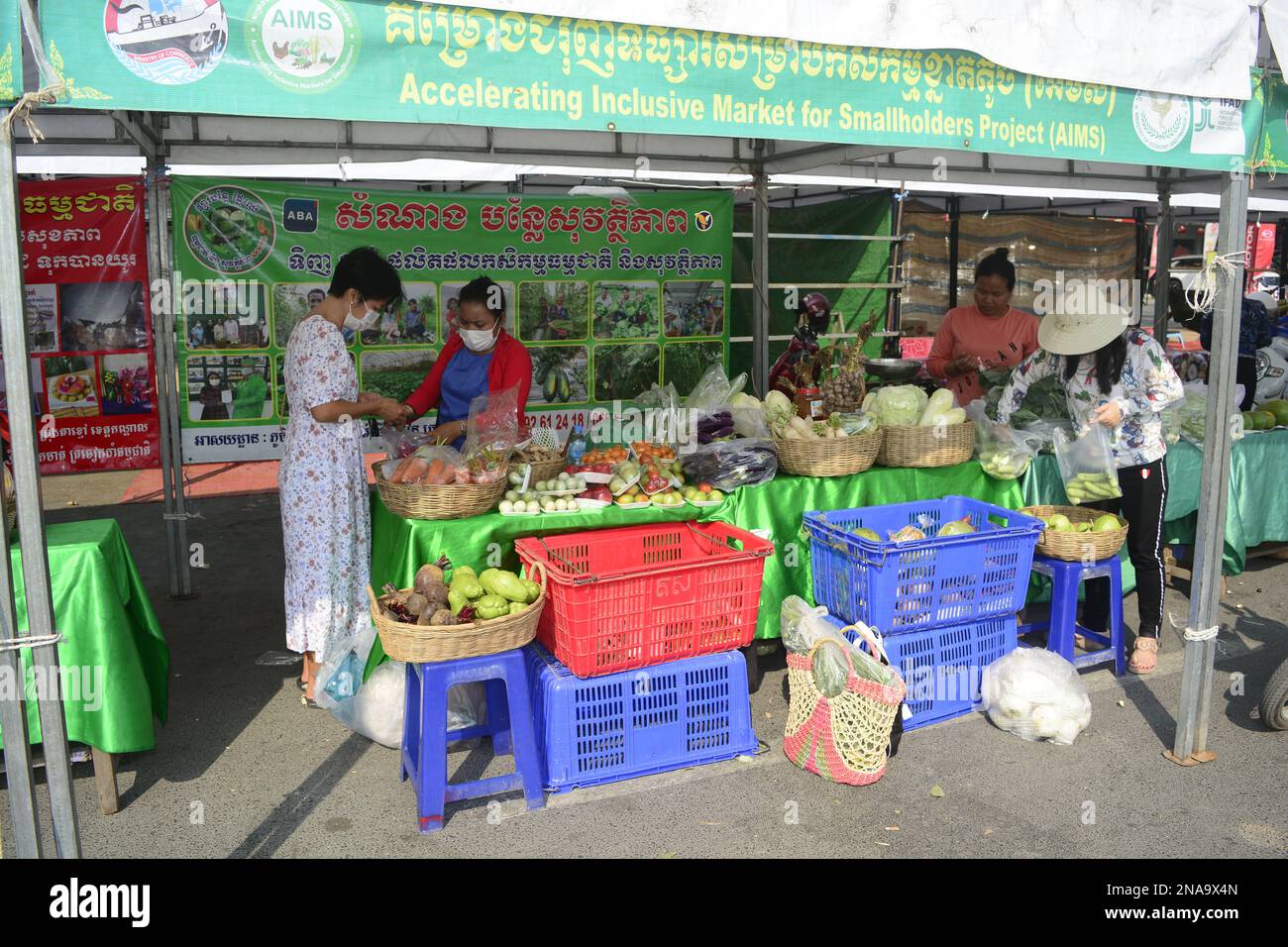 Wochenendmarkt in Takeo, Phnom Penh, Kambodscha. Ein vom IFAD finanziertes kambodschanisches Projekt ZIELT DARAUF AB, die Rendite kleiner Betriebe in Kambodscha zu steigern. Stockfoto