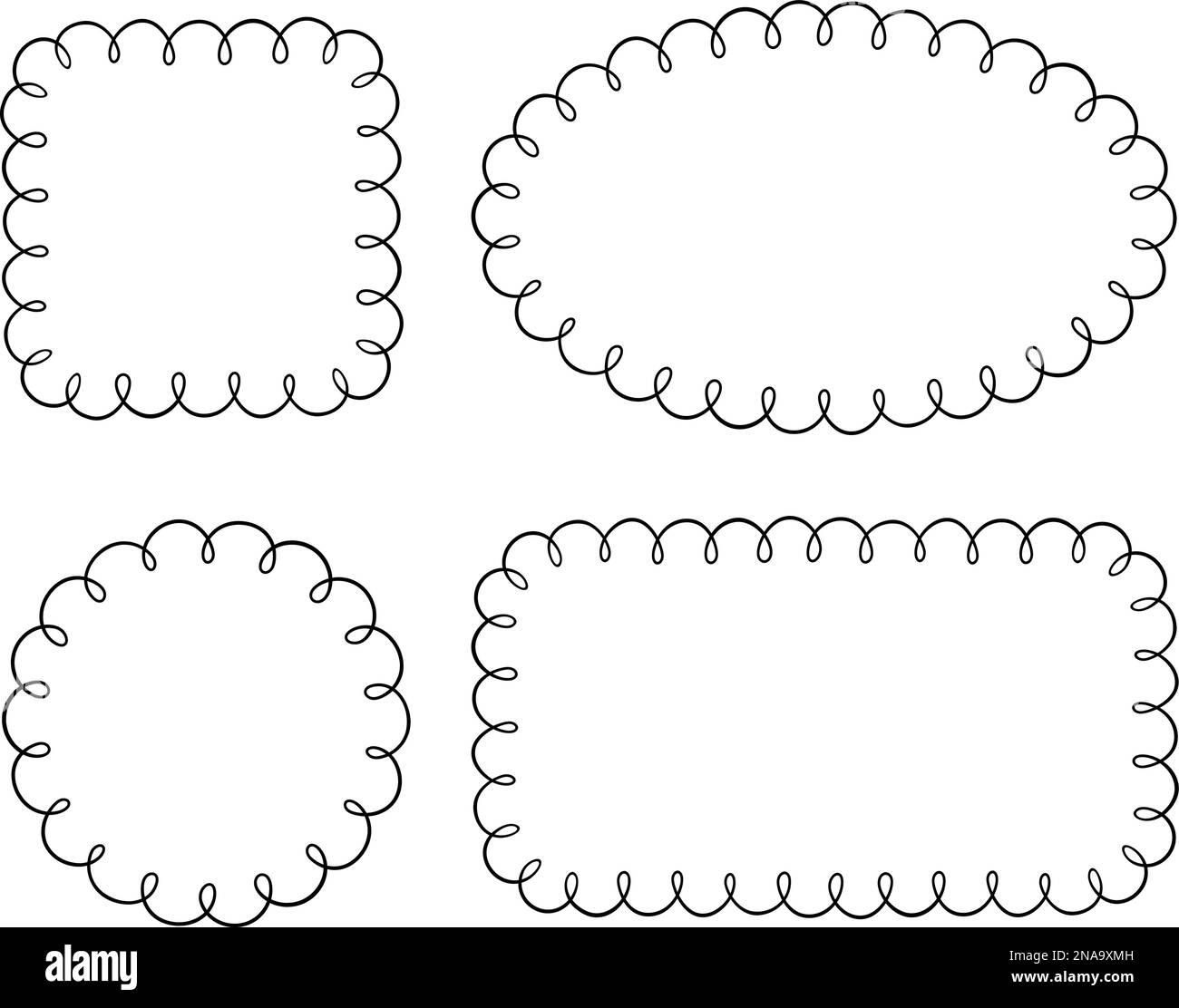 Doodle Circle und quadratische Muschelrahmen. Handgezeichnete Rechteck- und Ellipsenformen mit ausgekrümmten Kanten. Einfaches Etikettenformular. Rahmen aus Blumenspitze Stock Vektor