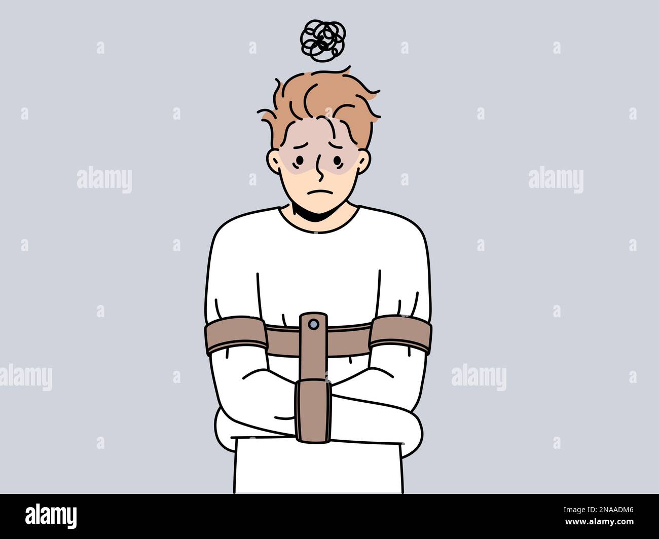 Gestresster Mann in Zwangsjacke leidet an psychischen Problemen. Unglücklicher Kerl kämpft durch psychische Probleme in der psychiatrischen Klinik. Vektordarstellung. Stock Vektor