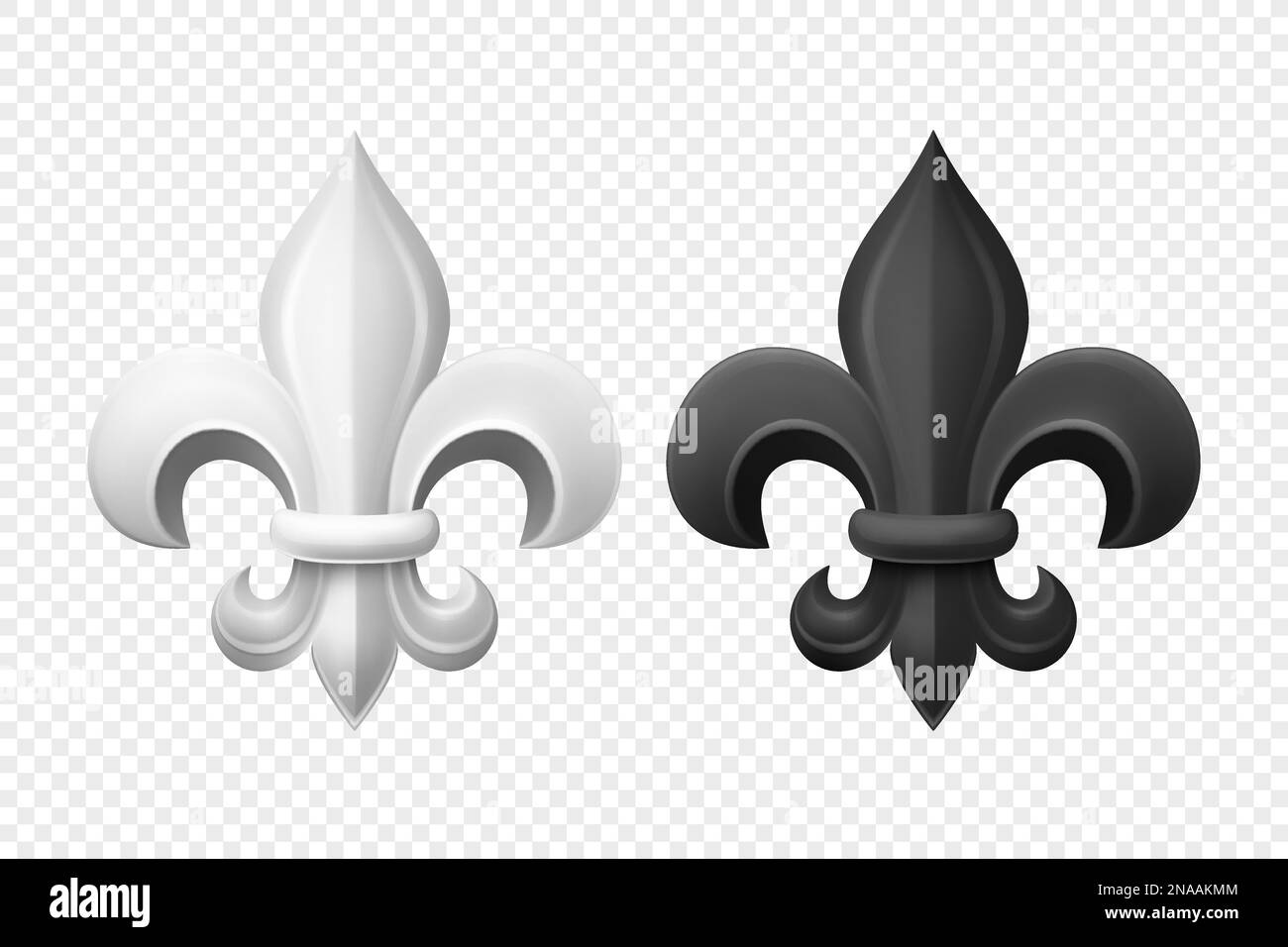 Vector 3D Realistic White and Black Fleur De Lis Set. Heraldic Lily Collection, Vorderansicht. Vektordarstellung Stock Vektor